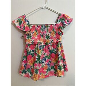 Tommy Bahama Girls M Top Hot Pink Floral Green Flamingos Vacation Smocked Flowy